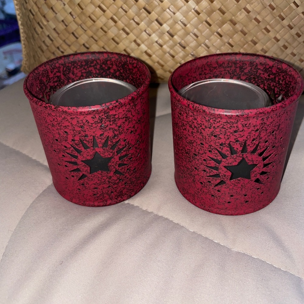 Partylite Exclusive Votive Holders Red Tin Metal Star Punched Glass Inserts